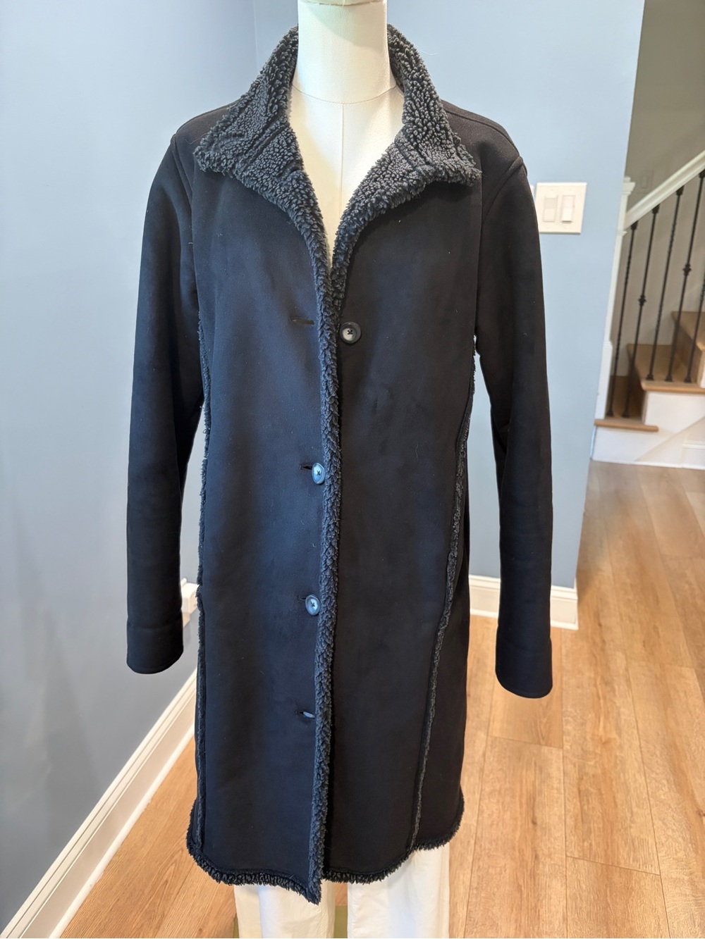 L.L.Bean Black Sherpa Fleece Lined Long Coat Button Front Women’s Medium